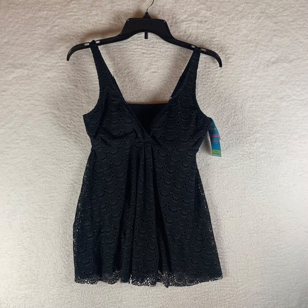 Swim Solutions Women's Tummy Control Flyaway Black Crochet Swimdress Size 10 NWT